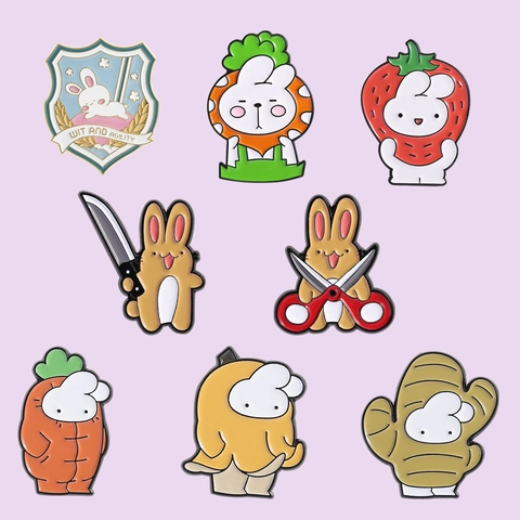 Cartoon Rabbit Enamel Pin Set Alloy Fruit Vegetable Bunny Brooch Cute White Rabbit Badge Accessory For Clothes Bags Backpacks Decor