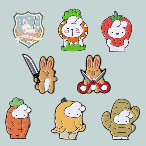 Cartoon Rabbit Enamel Pin Set Alloy Fruit Vegetable Bunny Brooch Cute White Rabbit Badge Accessory For Clothes Bags Backpacks Decor