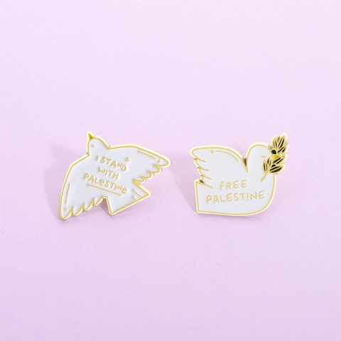 Pin's en Émail Colombe de la Paix Blanche en Alliage Broche Pigeon Dessin Animé avec Inscription Palestine pour Vêtements Sac à Dos