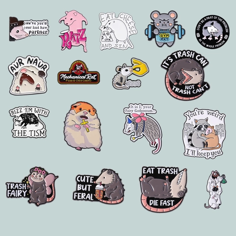Divertenti Spille Smaltate Opossum Procione Cartone Animato Simpatici Distintivi Animali in Lega Con Slogan per Zaino Abbigliamento Gioielli