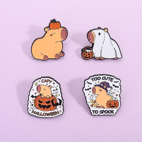 Broche en Émail Halloween Capybara Alliage de Zinc Animal Dessin Animé Citrouille Fantôme Badges Pour Sac à Dos Vêtements Cadeau Décoratif