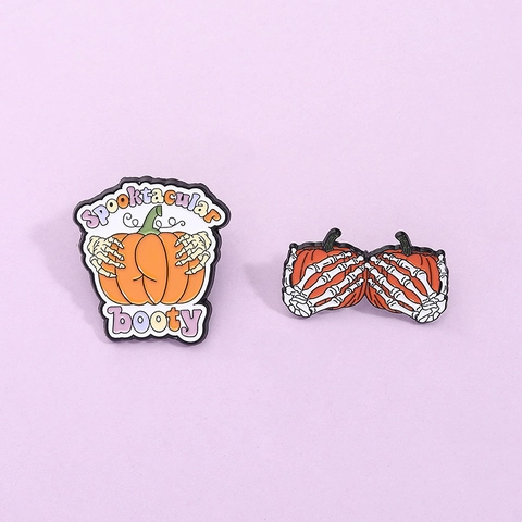 Halloween Pompoen Brosche Skelet Handen Zinklegering Emaille Pin Spooktacular Booty Grappige Badge Sieraden Cadeau Voor Feest Feestelijke Accessoires