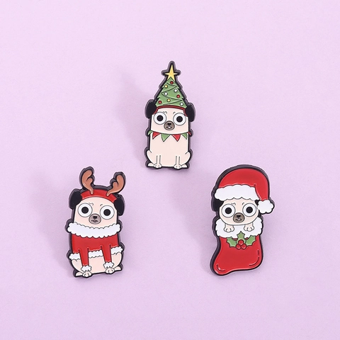 Spille Smaltate Natalizie Cane Carlino Distintivi Animali Cartone Animato Spille Lega per Vestiti Borse Gioielli Festivi Accessori