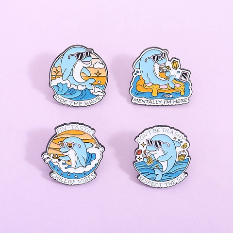 Cartoon Dolphin Enamel Pin Zinc Alloy Summer Beach Ocean Theme Brooch For Women Men Clothing Backpack Hat Decoration Jewelry