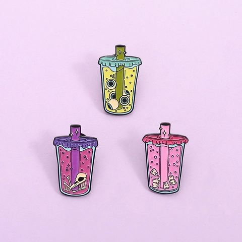 Spooky Drink Enamel Pins Alloy Gothic Bubble Tea Cup Brooches With Eyeballs Teeth Bone For Halloween Party Creative Cartoon Badge Jewelry