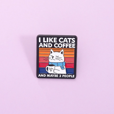 Cartoon White Cat Holding Coffee Enamel Pin Retro Sunset Stripe Zinc Alloy Brooch Badge For Clothing Backpack Decoration