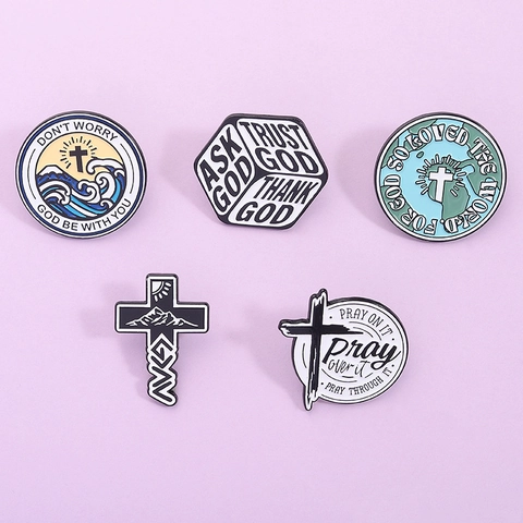 Christliche Religiöse Emaille Anstecknadel Kollektion Legierung Lackiert Kreuz Erde Welle Inspirierende Brosche Für Kleidung Rucksack