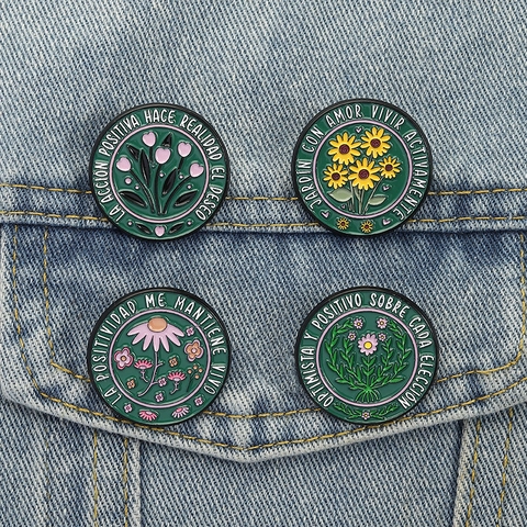 Spanisches Inspirierendes Zitat Blume Emaille Pin Rund Zinklegierung Brosche Botanische Sonnenblume Tulpe Abzeichen Für Damen Bekleidungszubehör