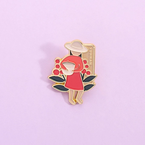 Enamel Brooch Zinc Alloy Yunnan Coffee Picker Red Dress Pin Cartoon Metal Badge For Clothing Decor Women Unisex Gift