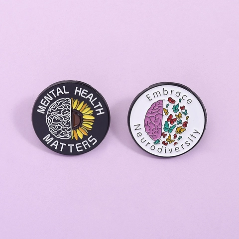 Broche en Émail Mental Health Matters Embrace Neurodiversity Cerveau Tournesol Papillon Badge Rond en Alliage de Zinc Bijoux
