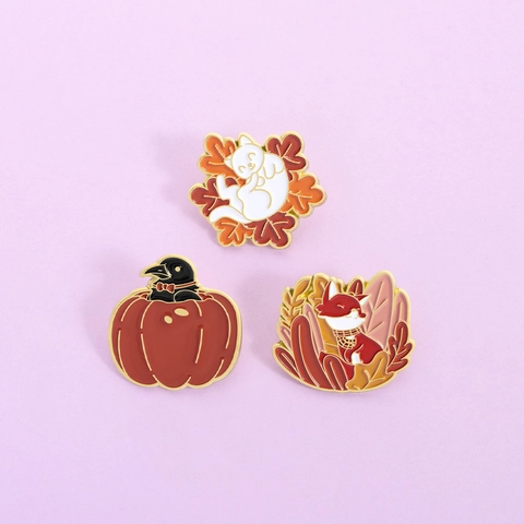 Broches en Émail d'Animaux d'Automne Alliage de Zinc Émail Renard Chat Corbeau Citrouille Feuille d'Érable Bijoux de Mode