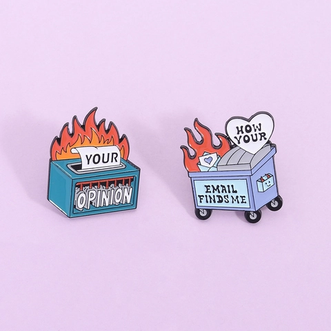 Funny Dumpster Fire Enamel Pin Cartoon Blue Trash Can Shredder Zinc Alloy Brooch Badge For Office Daily Unisex Jewelry