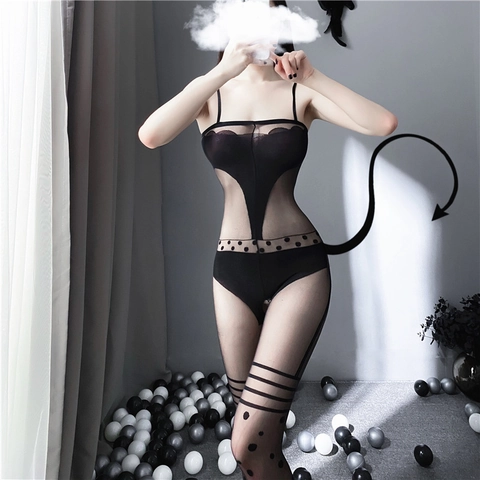 Body de Malla Negra Sexy para Mujer Perspectiva Teddy Lencería de Una Pieza Ropa de Dormir Con Patrón de Lunares y Rayas
