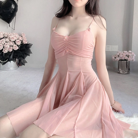 Lingerie Sexy en Maille Transparente pour Femmes Nuisette à Bretelles Spaghetti Babydoll Sommeil Avec Décoration Florale 3D Transparente