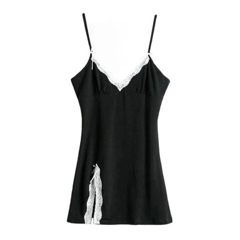Women Sexy Lace Trim Nightgown Spaghetti Strap V Neck Sleepwear With Bow Split Hem Pure Desire Style Polyester Babydoll