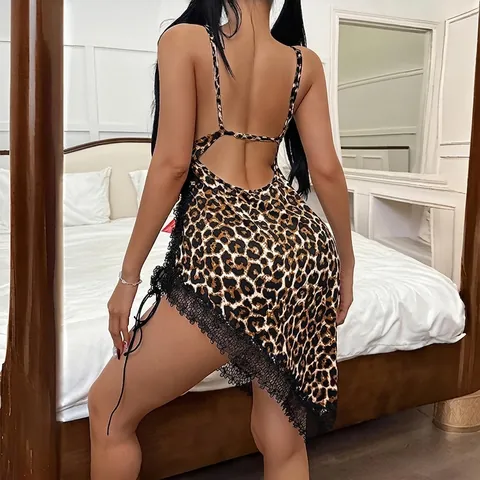 Sexy Leopardenmuster Lingerie Nachthemd Für Damen Tiefer V-Ausschnitt Spitze Ärmellos Rückenfrei Polyester Nachthemd Schlafanzug