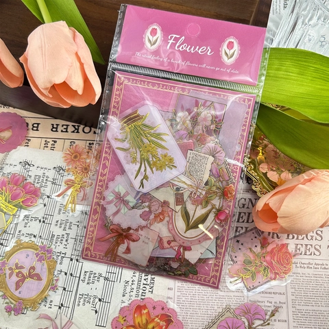 Vintage Artistieke Bloem Goudstempelen PET Stickers Voor Scrapbooking DIY Journal Telefoonhoesje Laptop Retro Decoratieve Decals
