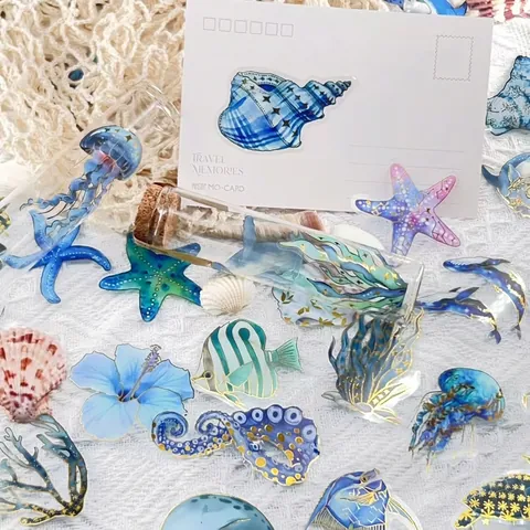 Stampa in Oro Adesivi PET Vita Marina Blu Onirico Balena Delfino Stella Marina Impermeabile Decalcomanie per DIY Journal Scrapbooking Laptop Tazza Decorativi