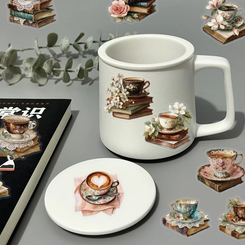 Vintage Watercolor Floral Books Coffee Transparent Waterproof PET Stickers For Journaling Scrapbooking Laptop Phone Decoration