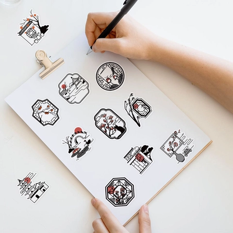 Vintage Chinese Style Silhouette PET Stickers Waterproof Transparent Decorative Aesthetic Decals For Scrapbooking Journaling Planner DIY