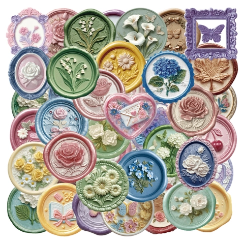 Adesivi PET Sigillo di Cera Floreale in Rilievo 3D Impermeabili Vintage Fiore Farfalla Timbro per Diario DIY Scrapbooking