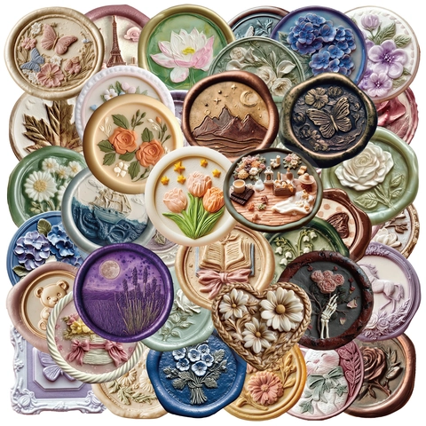 3D Relief Wax Seal Style PET Transparent Stickers Waterproof Decorative Decals For Scrapbook Laptop DIY Journaling Vintage Winter Theme Floral Animal Landscape