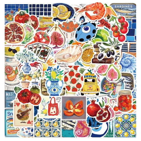 Mediterranean Tomato Aesthetic Stickers Waterproof PVC Decals For Suitcase Laptop Scrapbooking Diary Decor Mediterranean Style Labels