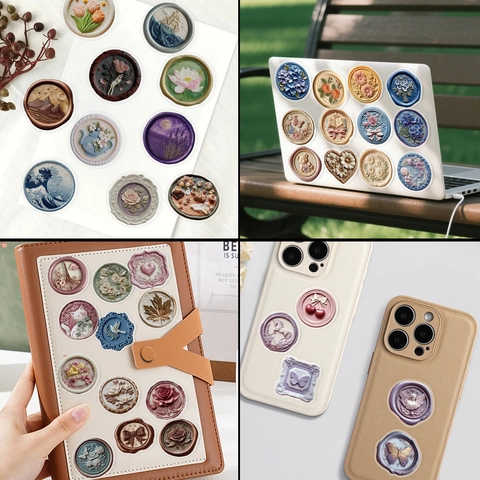 3D Relief Wax Seal Style PET Transparent Stickers Waterproof Decorative Decals For Scrapbook Laptop DIY Journaling Vintage Winter Theme Floral Animal Landscape