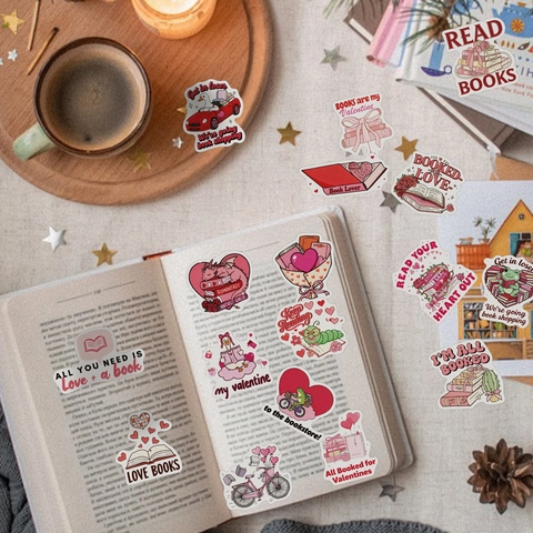 Pack Autocollants Saint Valentin Bookish Rose Thème Lecture Imperméable PVC Décalcomanies Pour Scrapbook Journal Laptop DIY Décoration