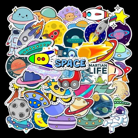 50 Pezzi Adesivi a Tema Spaziale Astronauta Pianeta Razzo UFO Graffiti Decalcomanie Impermeabili per Laptop Valigia Skateboard