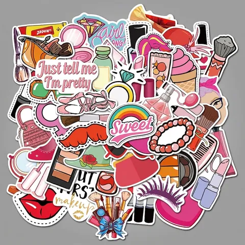 50Pcs Pink Girl Makeup Fashion Cartoon Stickers Waterproof Vinyl Decals For Laptop Suitcase Water Bottle Scrapbooking Decor