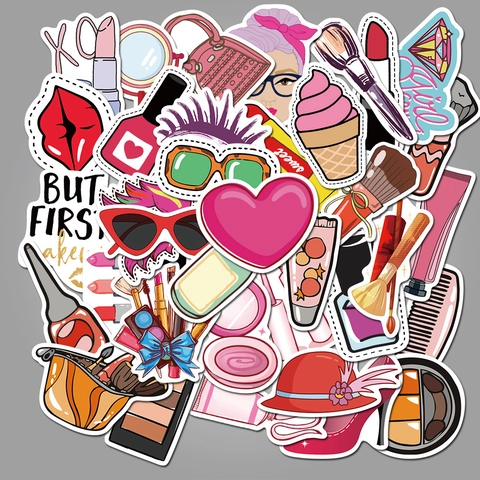 50Pcs Pink Girl Makeup Fashion Cartoon Stickers Waterproof Vinyl Decals For Laptop Suitcase Water Bottle Scrapbooking Decor