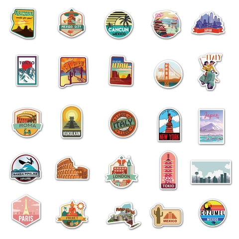 Autocollants Monuments du Monde PVC Étanche Rétro Graffiti Decals pour Valise Ordinateur Portable Bouteille d'Eau Réfrigérateur Étiquettes
