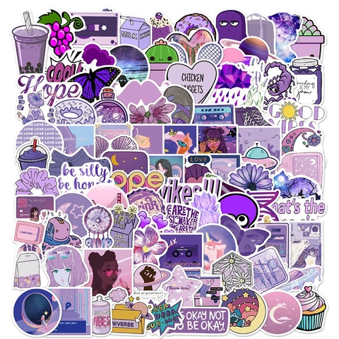 100 Stück Lila Ästhetische Dekorative Aufkleber Wasserdichte PVC DIY Graffiti Decals Für Laptop Koffer Notizbuch Handy Scrapbooking