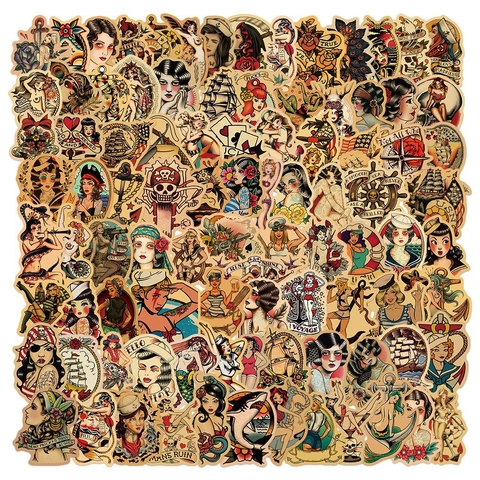 Pegatinas de Tatuaje Americano Vintage Impermeable PVC Pin-up Girl Marinero Náutico Calcomanías para Portátil Maleta Skateboard