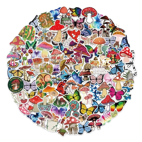Adesivi Doodle a Forma di Fungo e Farfalla in PVC Impermeabile per Laptop Skateboard Bagaglio Scrapbooking Decalcomanie Decorative