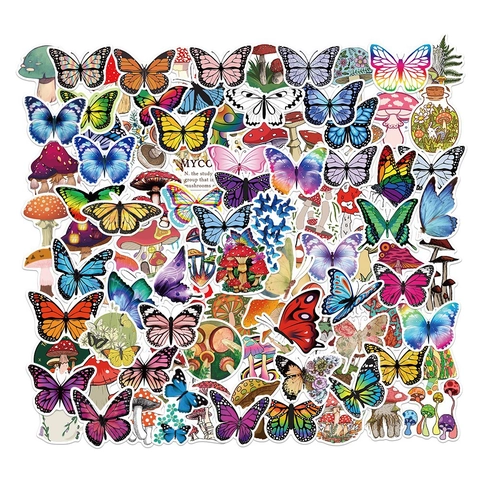 Adesivi Doodle a Forma di Fungo e Farfalla in PVC Impermeabile per Laptop Skateboard Bagaglio Scrapbooking Decalcomanie Decorative