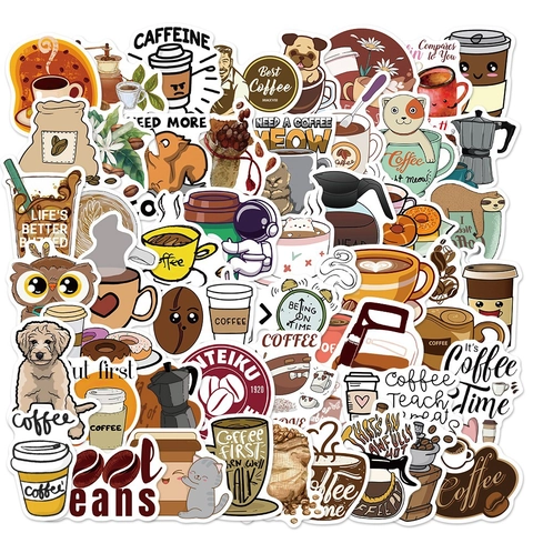 Autocollants Imperméables en PVC Thème Café Dessin Animé Pour Ordinateur Portable Valise Skateboard Réfrigérateur Graffiti