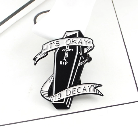 Gothic Punk Alloy Coffin Enamel Pin RIP Ribbon Cross Badge For Clothes Bag Accessories Jewelry Unisex Decoration Brooch