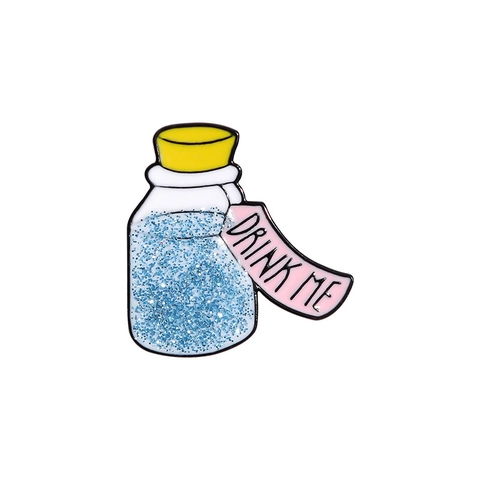 Cartoon Alloy Enamel Pin Blue Glitter Magic Potion Bottle Brooch Badge With Drink Me Label Fun Backpack Jewelry Gift For Students