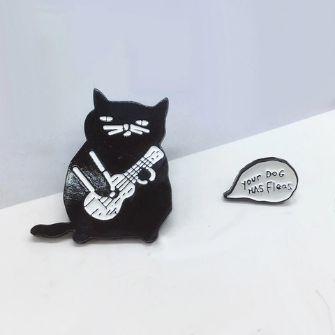 Creative Black Cat Playing Ukulele Enamel Pin Funny Speech Bubble Brooch Your Dog Has Fleas Lettering Fashion Badge Jewelry