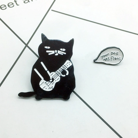 Creative Black Cat Playing Ukulele Enamel Pin Funny Speech Bubble Brooch Your Dog Has Fleas Lettering Fashion Badge Jewelry