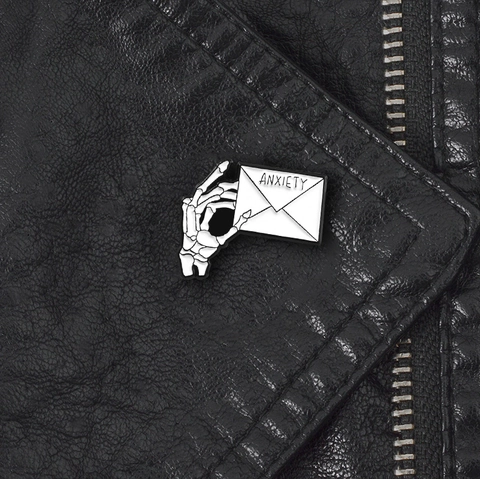 Punk Skeleton Hand Holding Anxiety Letter Enamel Pin Gothic Alloy Brooch Badge For Clothing Backpack Jacket Accessories