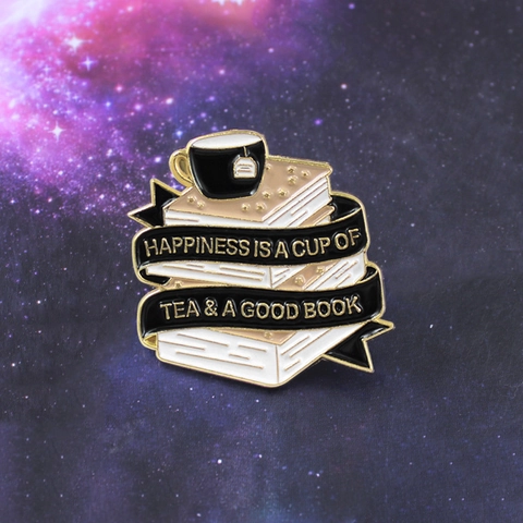 Broche de Esmalte Creativo Happiness Is A Cup Of Tea And A Good Book Broche de Aleación Pila de Libros Taza de Té Insignia