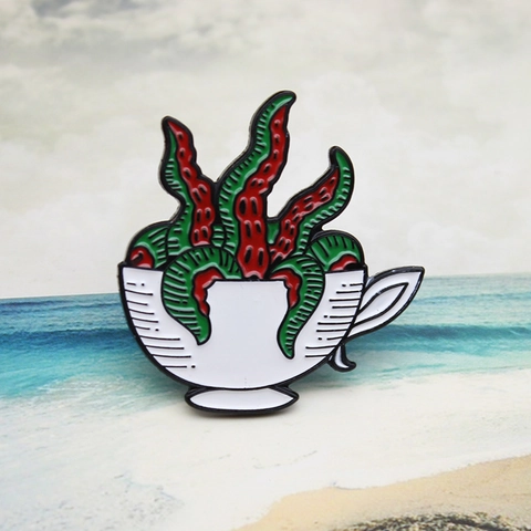 Creative Alloy Enamel Brooch Pin Weird White Coffee Cup Red Green Octopus Tentacles Badges For Clothes Bags Decor