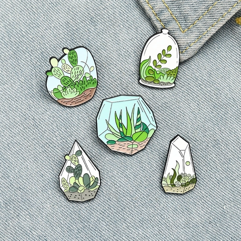 Creative Alloy Enamel Brooch Featuring Cactus Succulent Plants In Terrarium Designs For Women Men Botanical Lapel Pin Jewelry Accessory