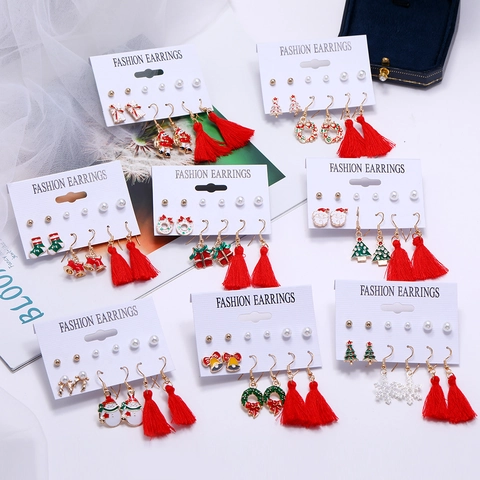 Weihnachts-Ohrring-Set Für Damen Legierung Künstliche Perle Quaste Hängeohrringe Weihnachtsmann Weihnachtsbaum Schneeflocke Festlicher Schmuck Geschenk