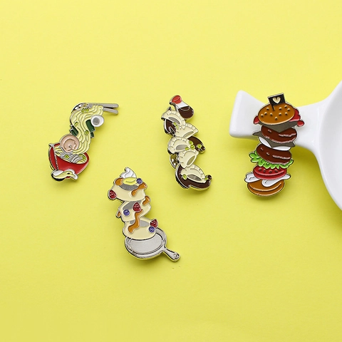 Creative Food Enamel Pin Brooches Set Hamburger Ramen Dumplings Souffle Alloy Metal Badge For Clothes Bags Hats Women Jewelry