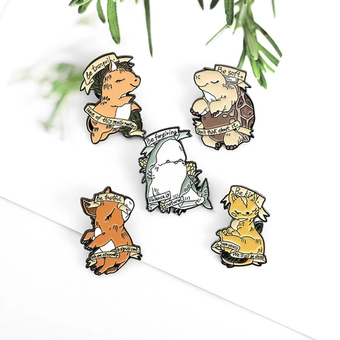 Cartoon Animal Enamel Brooch Set Alloy Badge With English Slogan Ribbon Horse Turtle Shark Cat Pig Lapel Pin Jewelry Accessory