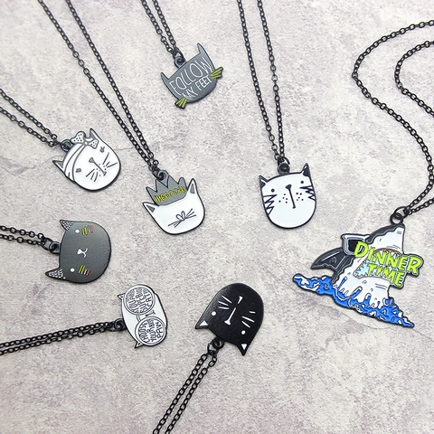 Cute Cartoon Cat Face Alloy Enamel Necklace Fashion Animal Pendant Jewelry For Women Girls Birthday Gift Black Chain